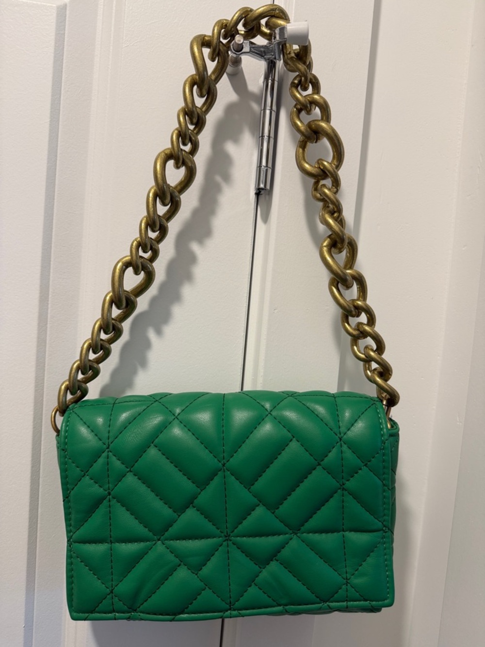 Zara Green Quilted Crossbody with Chunky Gold Chain
